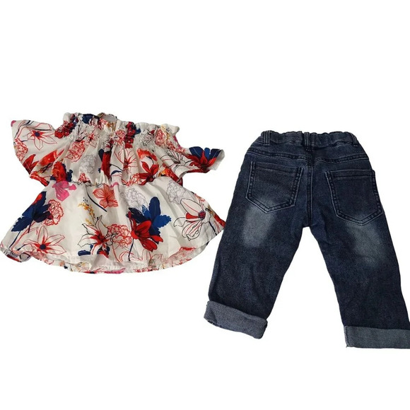 2 pc Floral Top and Ripped Jeans Outfit Set Girls Size M Adjustable Waist - Picture 4 of 7